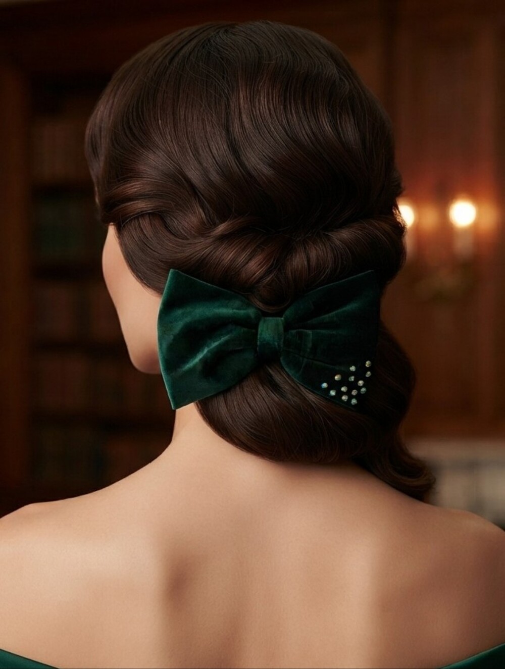 Velvet Green Bow Hair Clip with Rhinestone Detail🎀✨